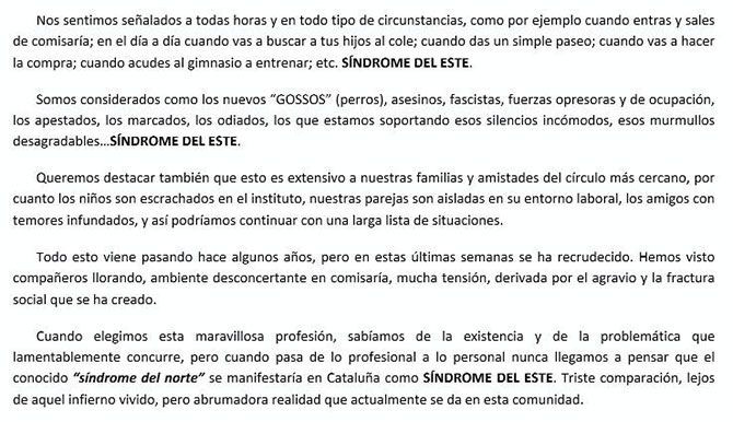 Fragmento de la carta de los agentes de la Policía Nacional / CG