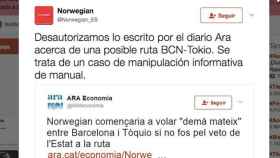 El desmentido público de Norwegian con una noticia del diario 'Ara' / CG