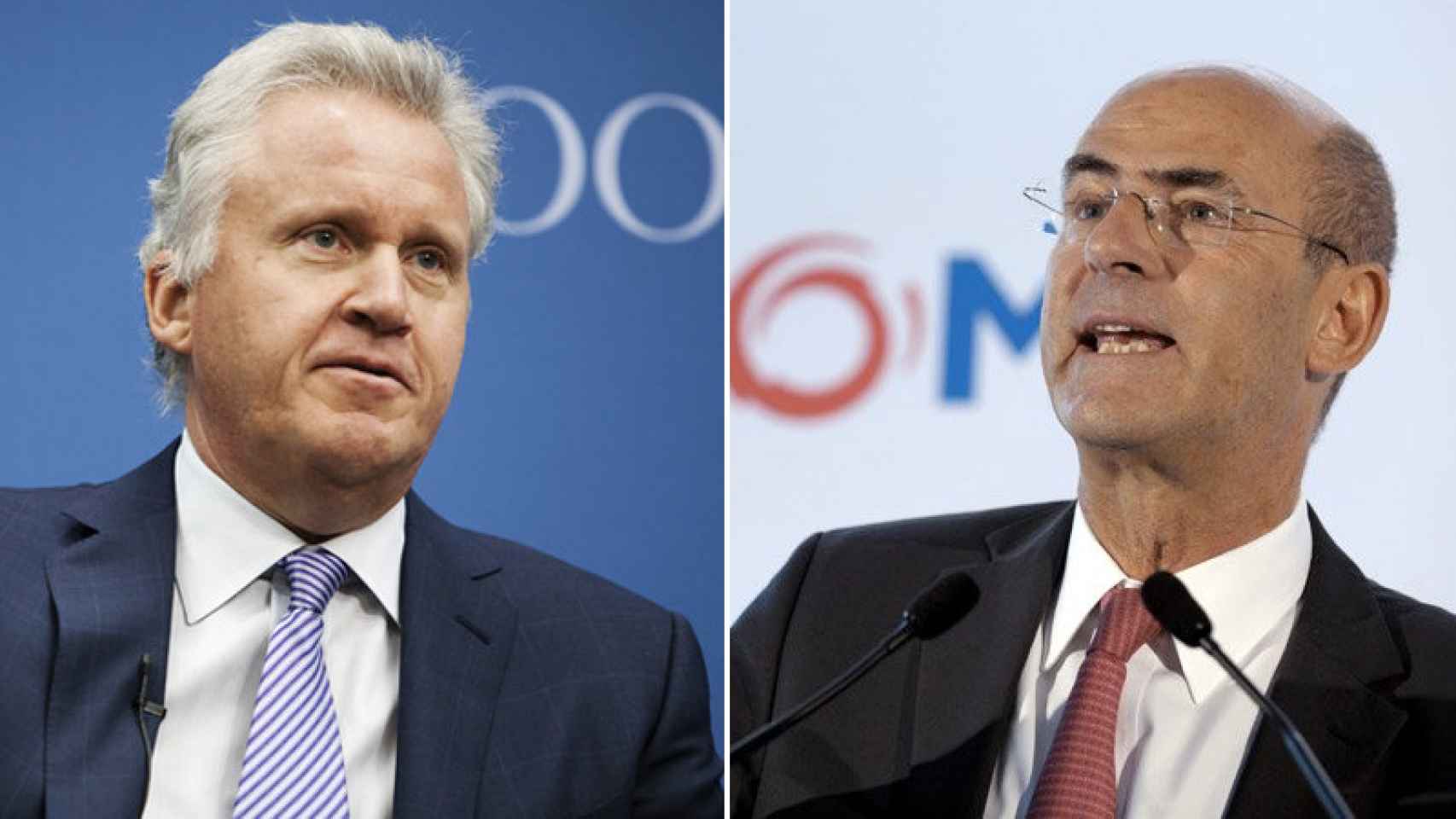 El presidente de General Electric, Jeff Immelt (izquierda); y el de Alstom, Patrick Kron (derecha)