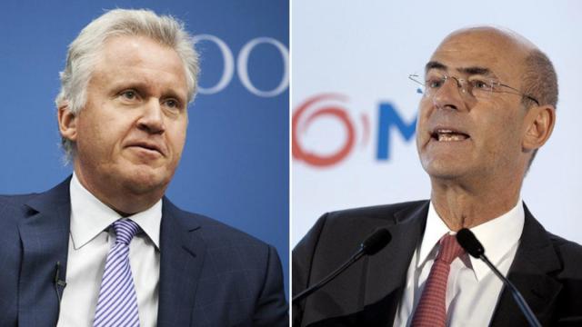 El presidente de General Electric, Jeff Immelt (izquierda); y el de Alstom, Patrick Kron (derecha)