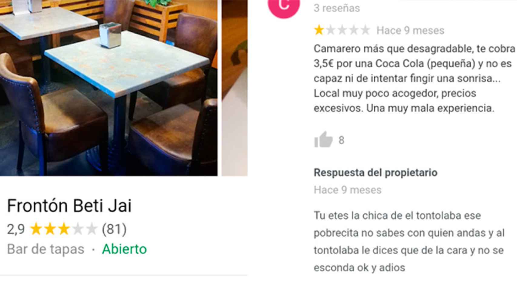 Una contestación del propietario del Beti Jai a un comentario en internet / FOTOMONTAJE CG