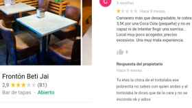 Una contestación del propietario del Beti Jai a un comentario en internet / FOTOMONTAJE CG