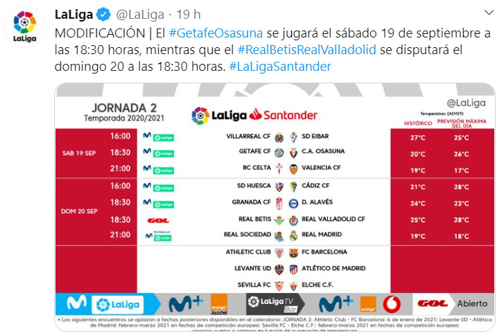 Publicación de la Liga sobre los horarios de la segunda jornada / La Liga