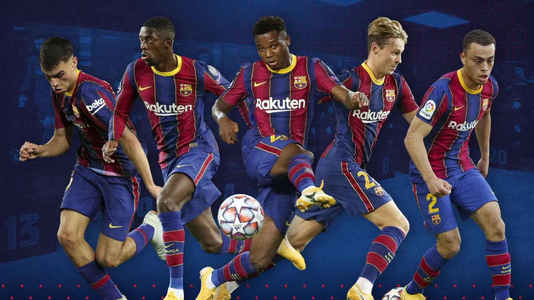 Pedri, Dembelé, Ansu Fati, De Jong y Dest, en un montaje | FCB