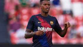 Nelson Semedo calentando con el Barça / FC Barcelona