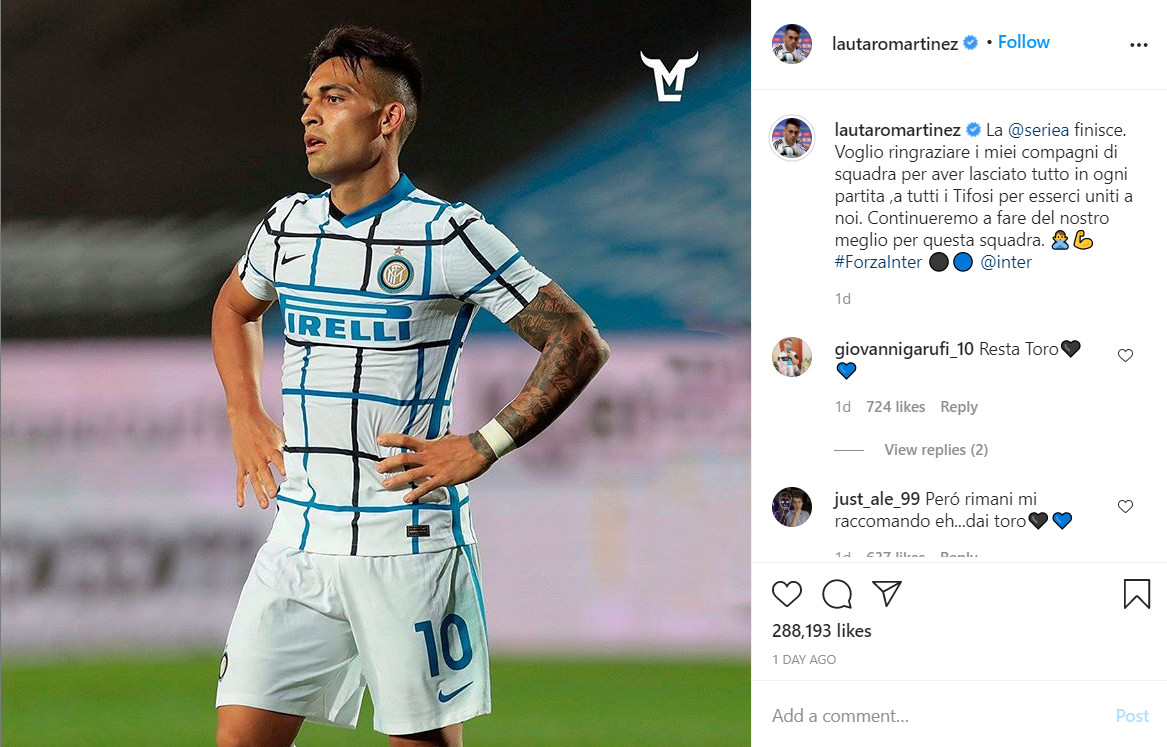 Publicación de Lautaro Martínez dirigida a los aficionados del Inter de Milán / Redes