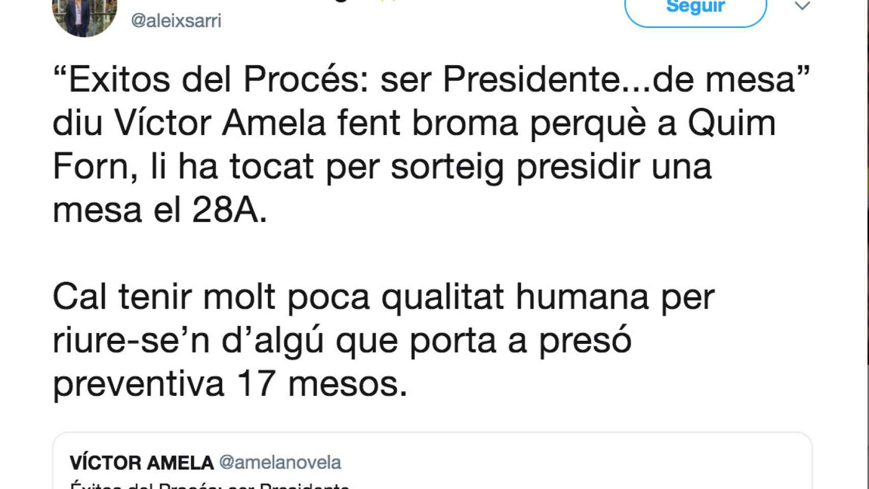 Tuit de Aleix Sarri, el asesor hiperventilado de Puigdemont, contra el periodista Víctor Amela / @ALEIXSARRI