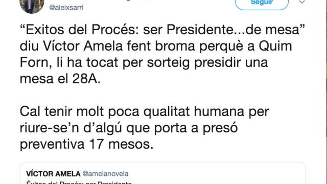 Tuit de Aleix Sarri, el asesor hiperventilado de Puigdemont, contra el periodista Víctor Amela / @ALEIXSARRI