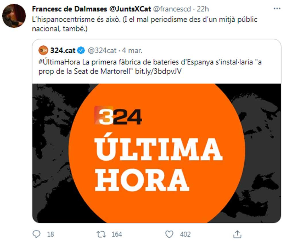 Francesc de Dalmases (JxCat), criticando a TV3 por usar la palabra España / TV3