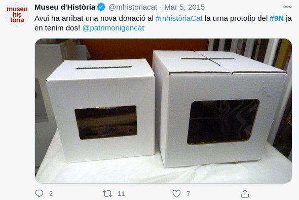 Tuit del Museo de Historia de Cataluña, celebrando tener dos urnas del 9N / @mhistoriacat (TWITTER)