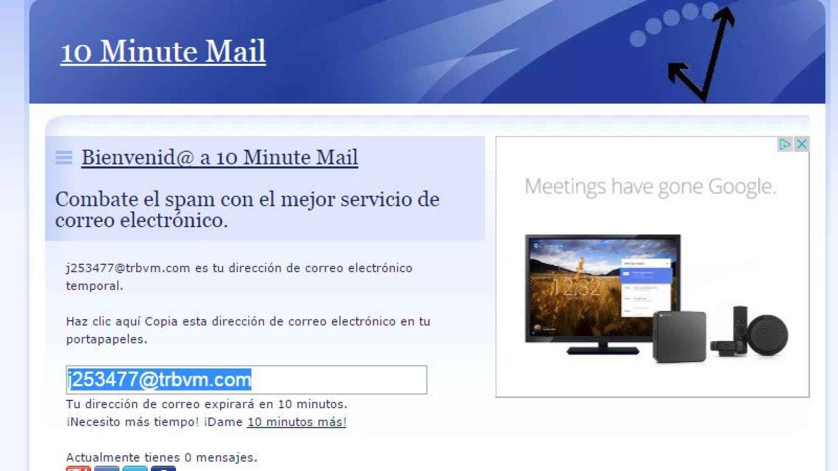 Captura de la web 10minutemail.com.