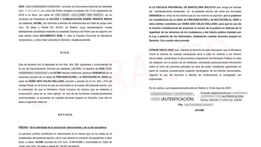 Extracto de la demanda de ACOM a Ada Colau / ACOM