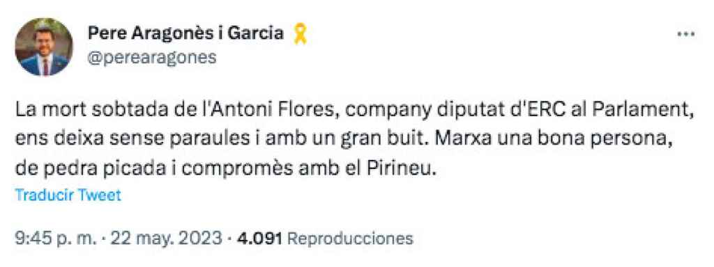 El 'president' de la Generalitat, Pere Aragonès, dedica unas palabras a Antoni Flores