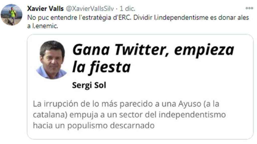 Tuit del presentador de TV3 Xavier Valls, lamentando la división del independentismo