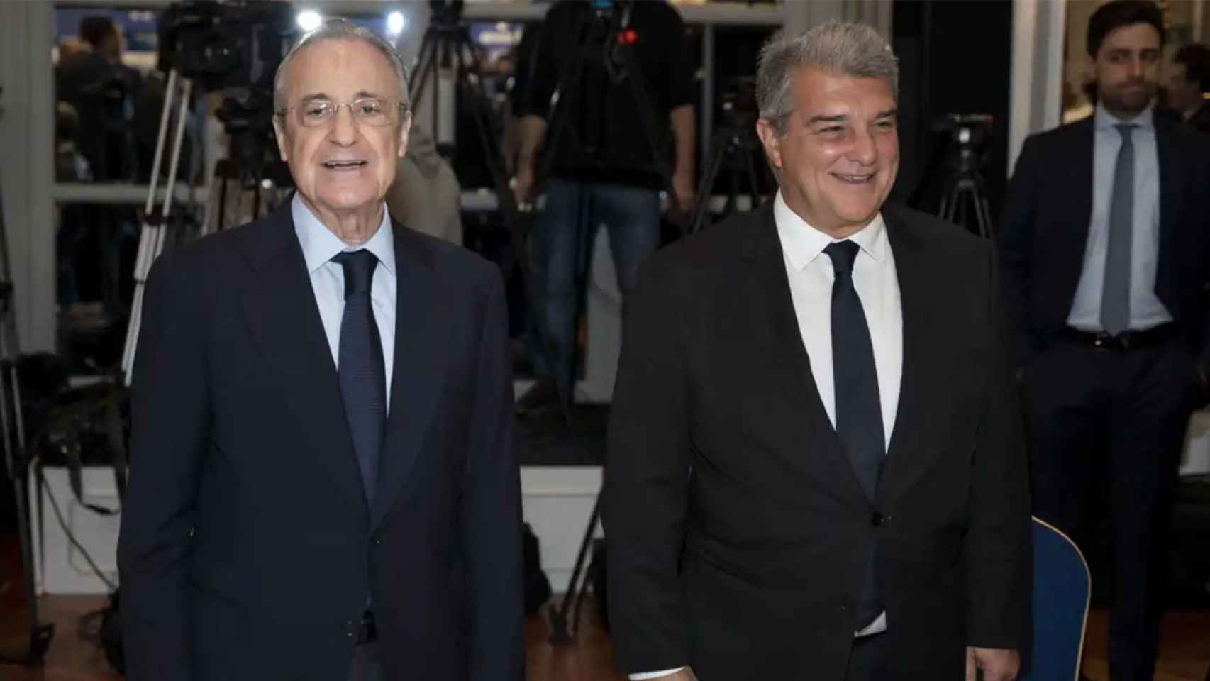 Florentino Pérez y Joan Laporta, durante un acto de la Superliga Europea / REDES