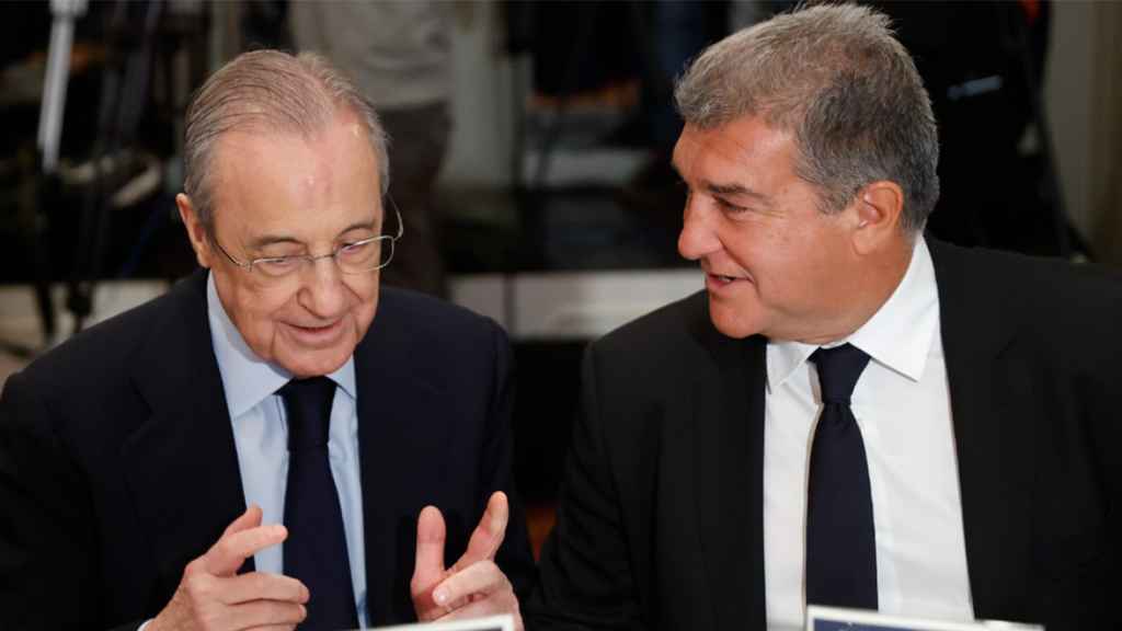 Joan Laporta y Florentino Pérez, en un acto de la UEFA