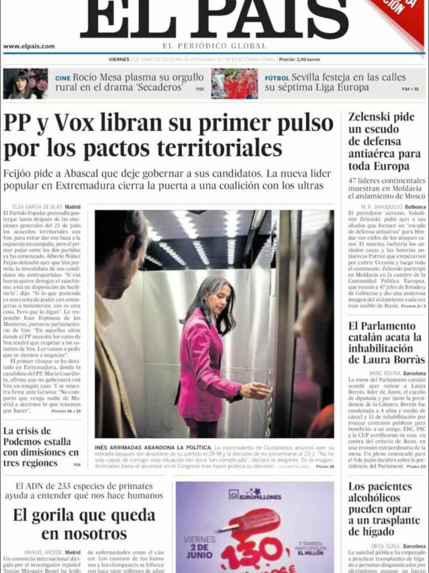 Portada de 'El País' de 2 de junio de 2023