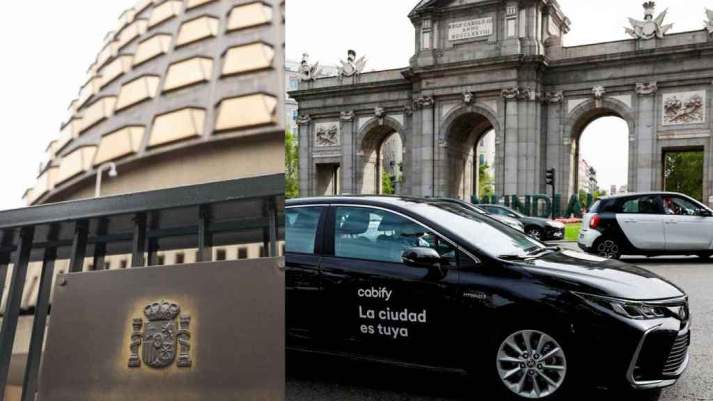 Imagen del edificio  Tribunal Constitucional junto a otra de un vehículo VTC de Cabify