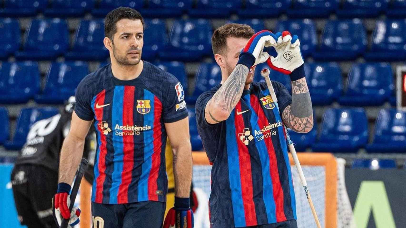 Helder Nunes festeja un gol con el Barça de hockey