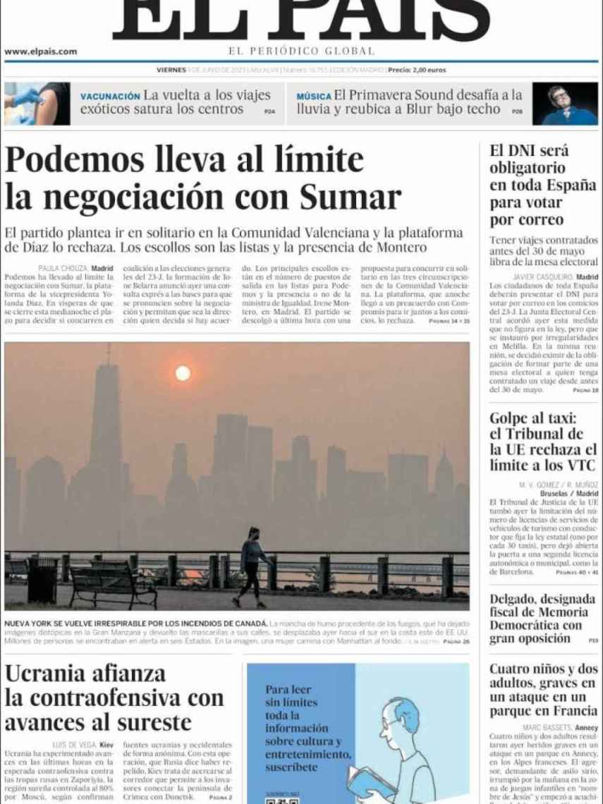 Portada de 'El País' de 9 de junio de 2023