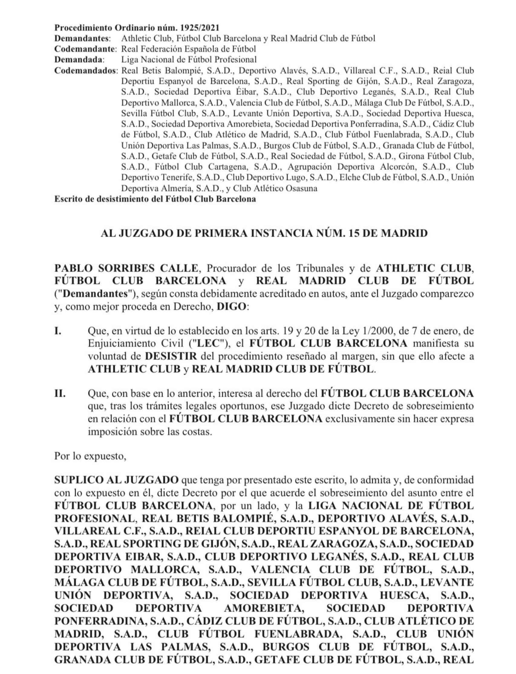 Escrito de desistimiento del Barça de la causa contra la Liga y CVC