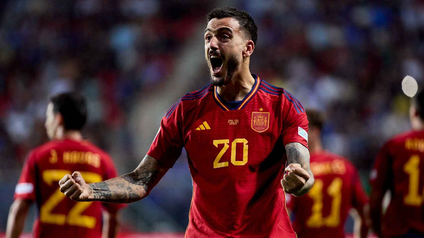 Joselu, eufórico, tras anotar el gol de la victoria de España contra Italia / SEFUTBOL