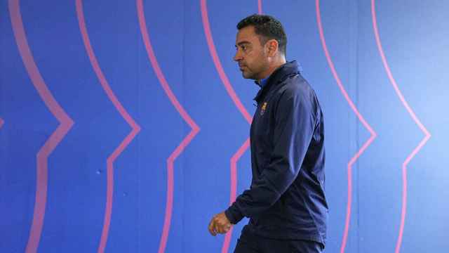 Xavi Hernández en una rueda de prensa del Barça