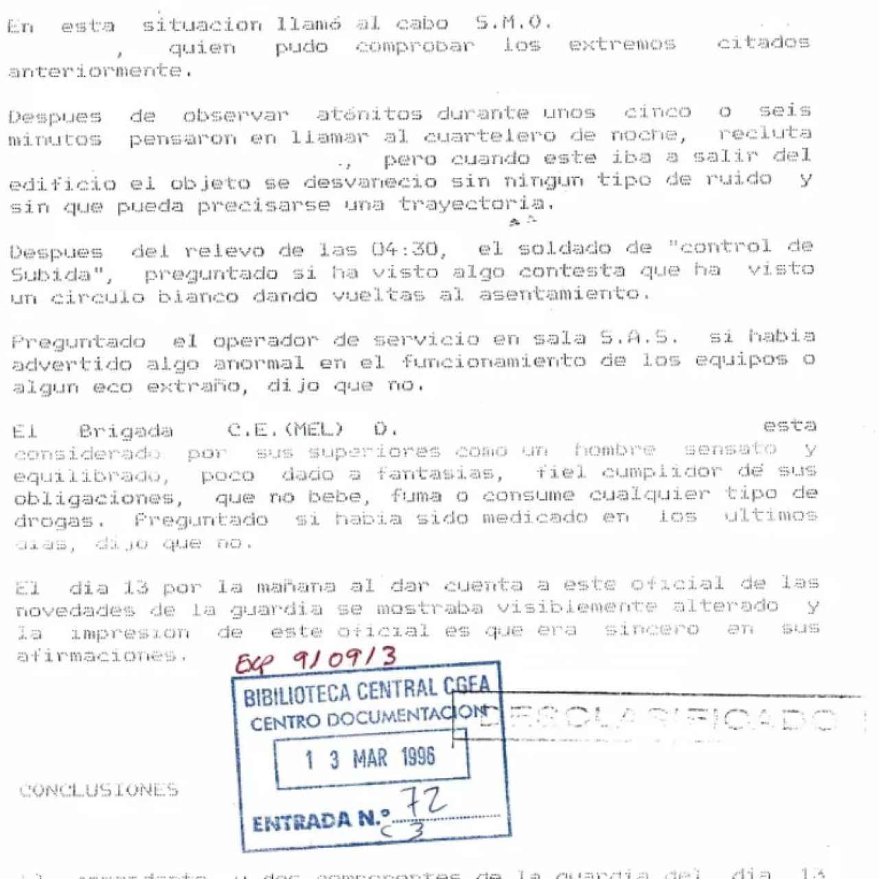 Expediente del Ministerio de defensa sobre un avistamiento en Roses en 1969