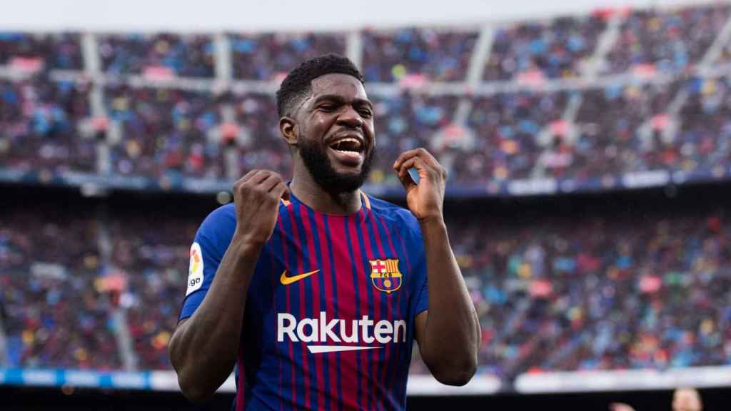 Samuel Umtiti celebra un gol con el Barça en la temporada 2017-18