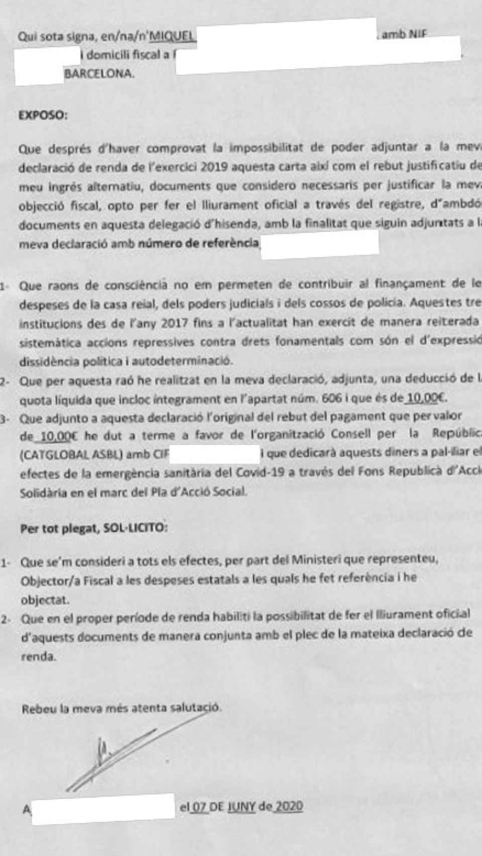 Objeción fiscal presentada ante la Agencia Tributaria para desviar dinero al Consejo para la República