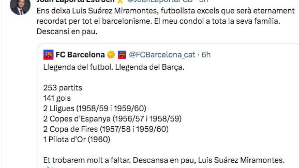 Laporta lamenta la muerte de Luisito Suárez