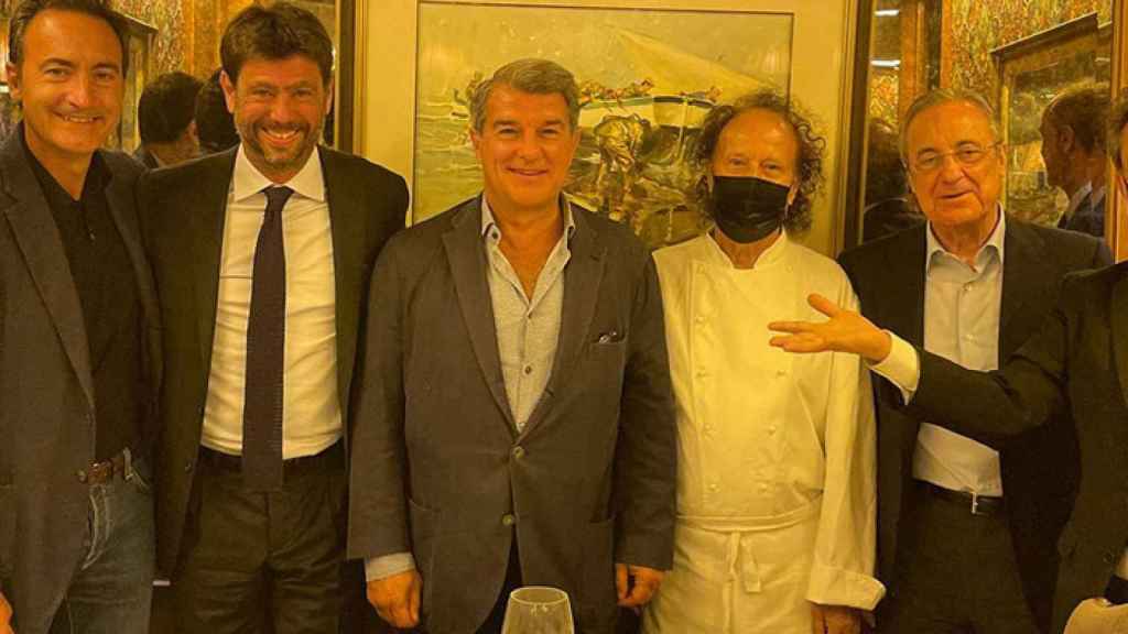 Andrea Agnelli, Joan Laporta y Florentino Pérez, en una de las reuniones de la Superliga