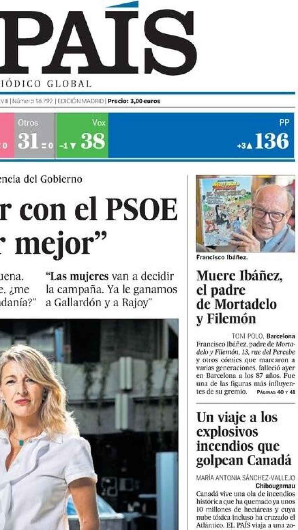 Detalle de la portada de El País, 16 de julio de 2023