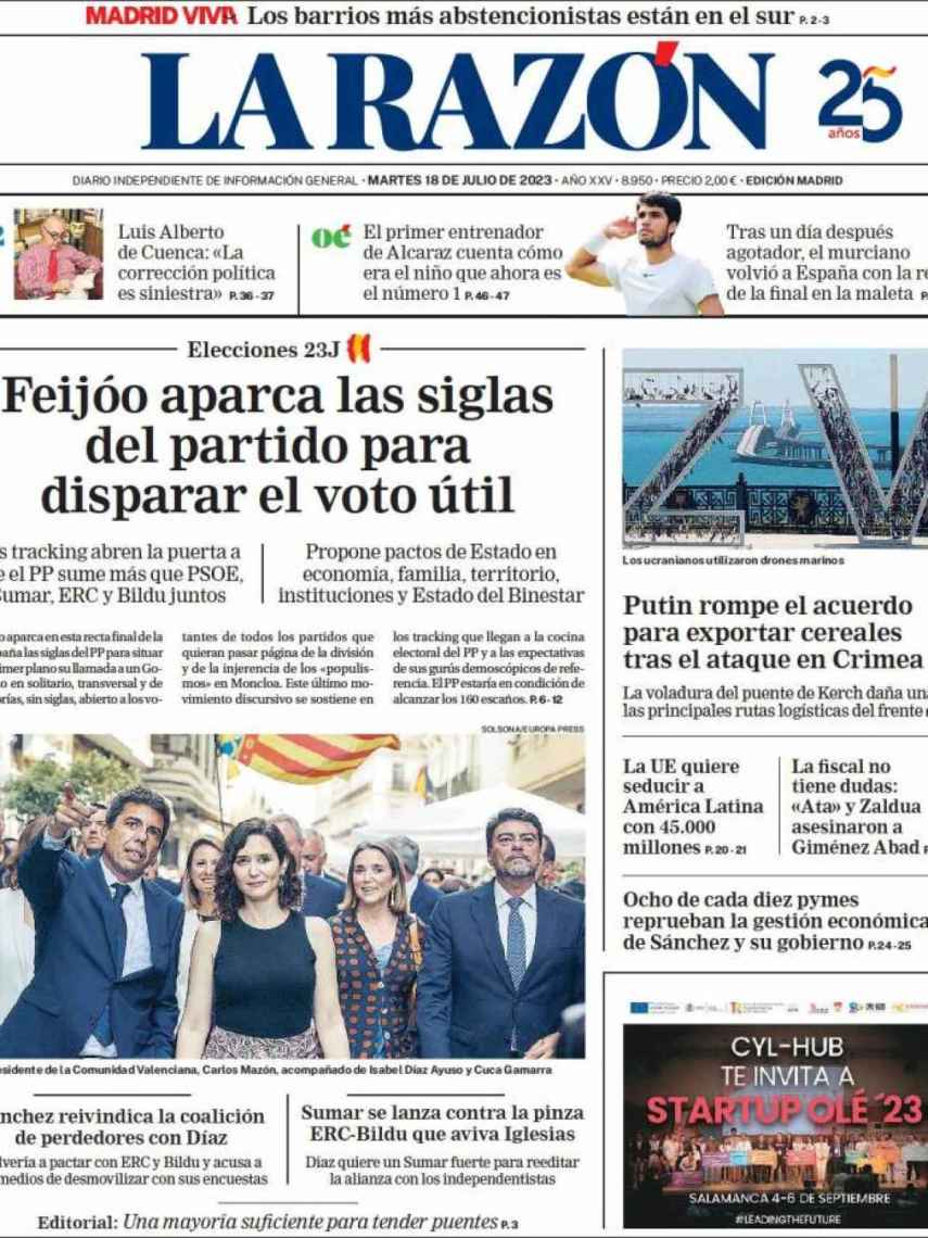 Portada de 'La Razón' de 18 de julio de 2023