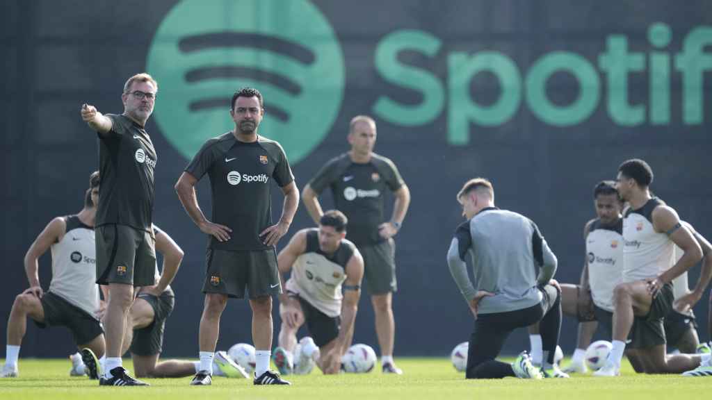 Los jugadores del FC Barcelona, durante el último entrenamiento previo a la gira por EEUU