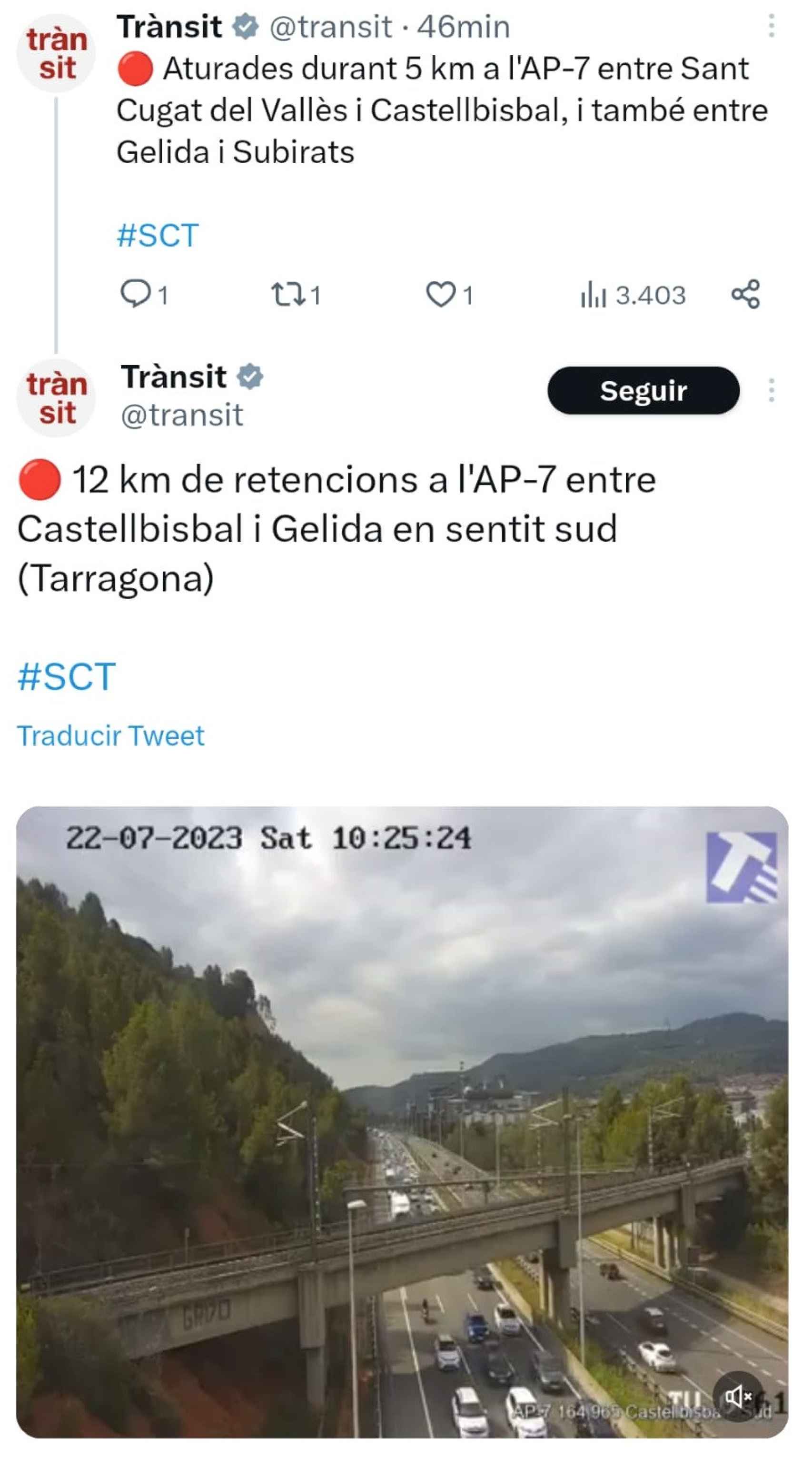 Tuit de Trànsit advirtiendo de retenciones en la AP-7