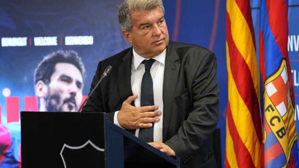 Joan Laporta, durante la presentación de Gundogan como nuevo jugador del Barça / EFE