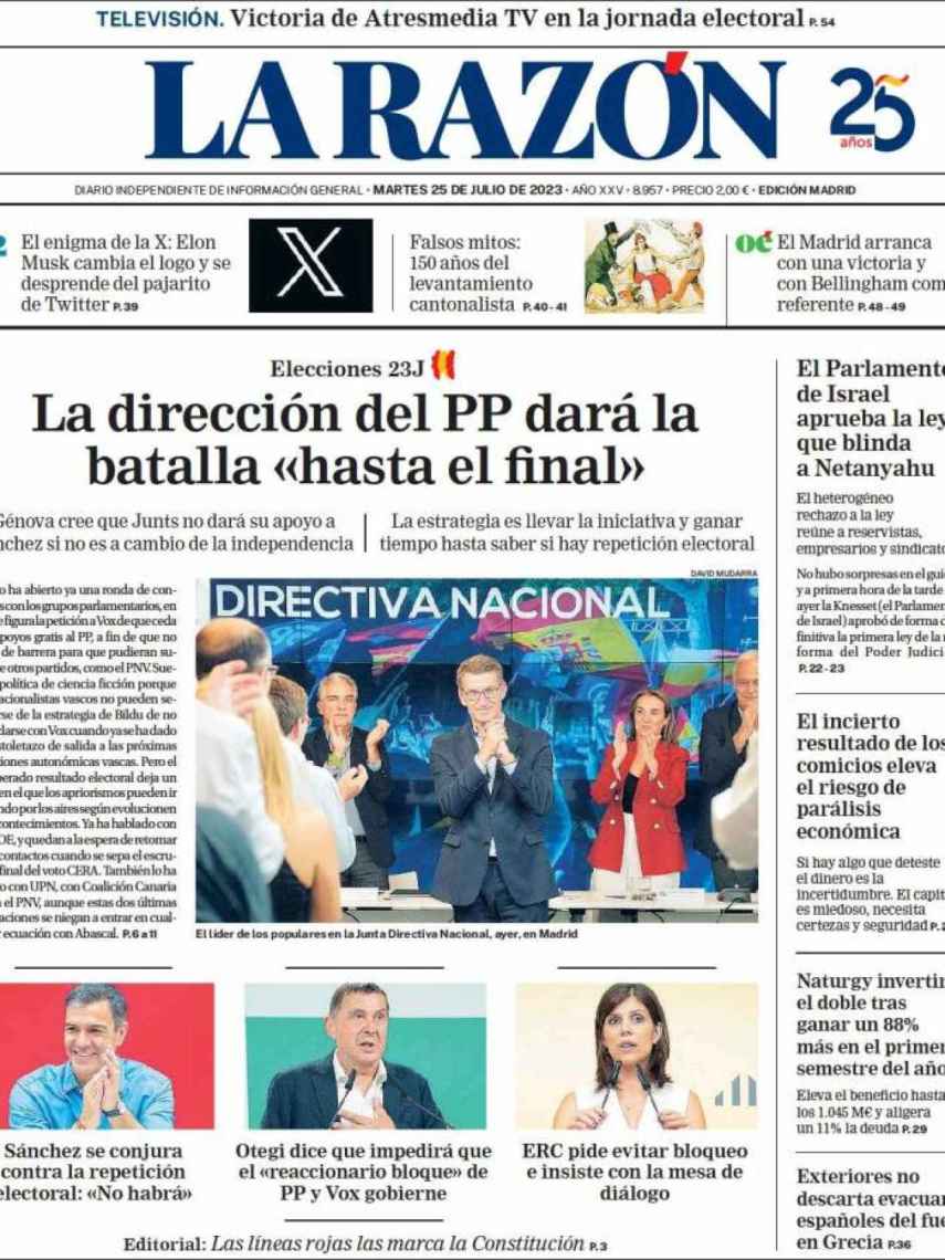 Portada de 'La Razón' de 25 de julio de 2023