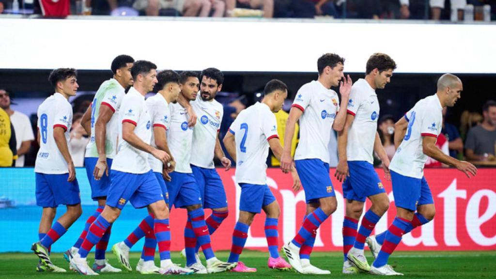 El Barça celebra el gol de Raphinha contra el Arsenal