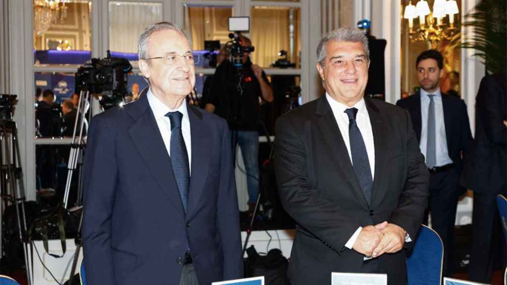 Joan Laporta y Florentino Pérez, durante un acto de la Superliga Europea