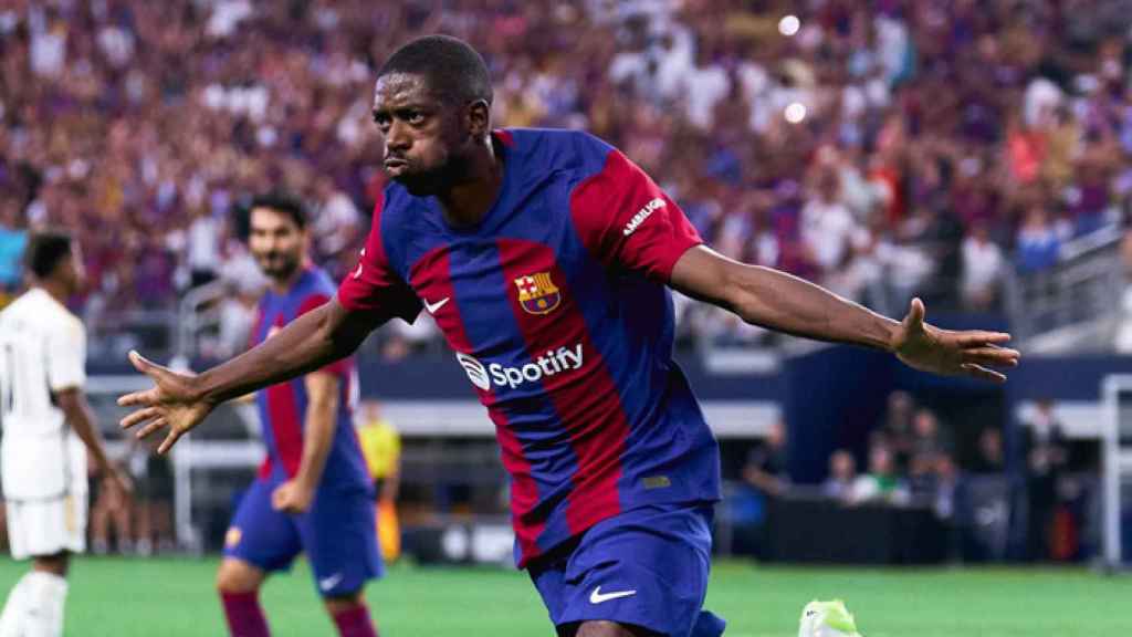 Ousmane Dembelé festeja su gol anotado contra el Real Madrid en Dallas