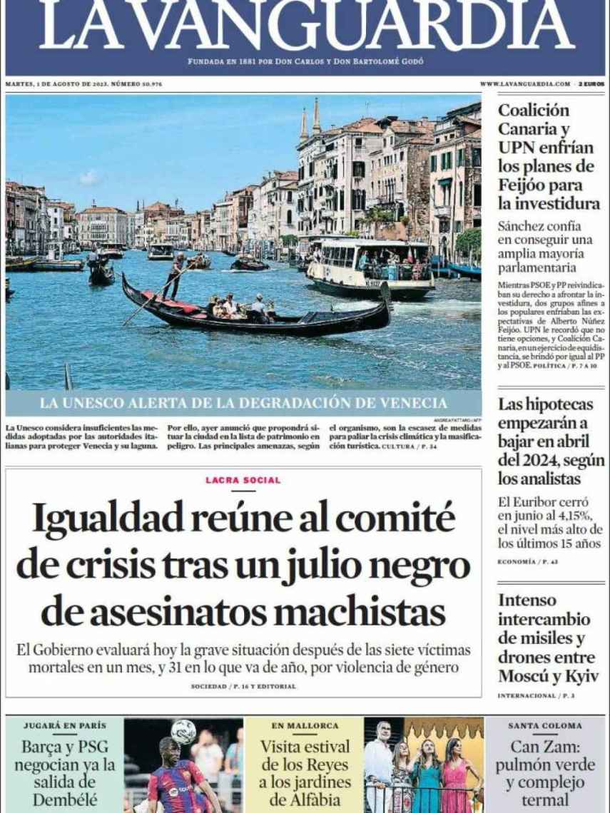 Portada de 'La Vanguardia' de 1 de agosto de 2023