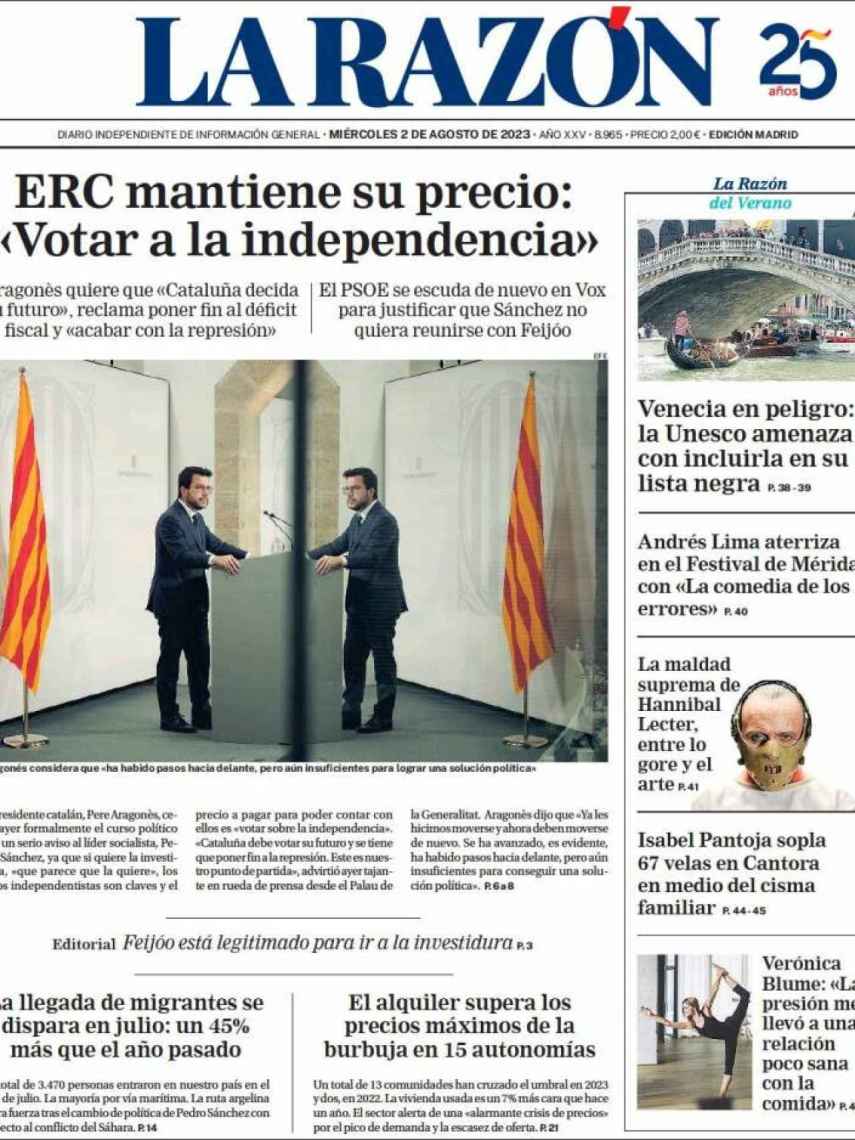 Portada de 'La Razón' de 2 de agosto de 2023