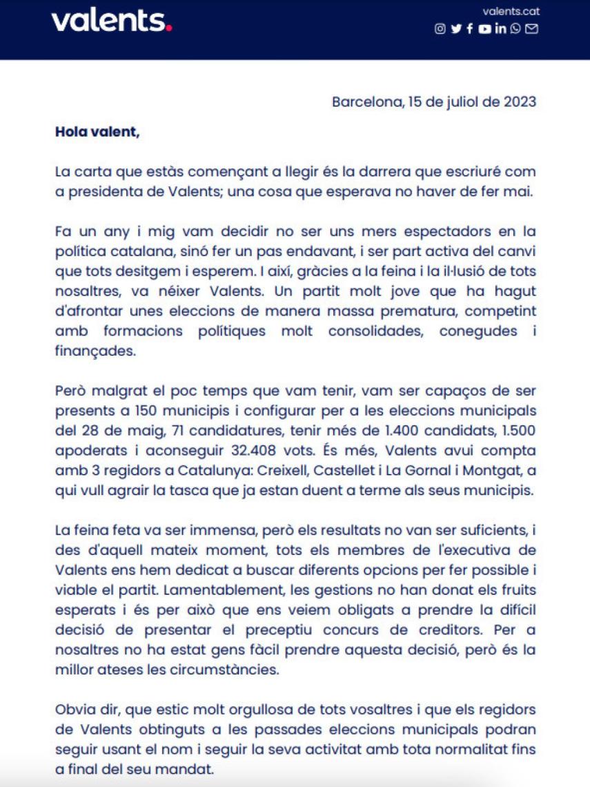 Carta de Valents a los militantes