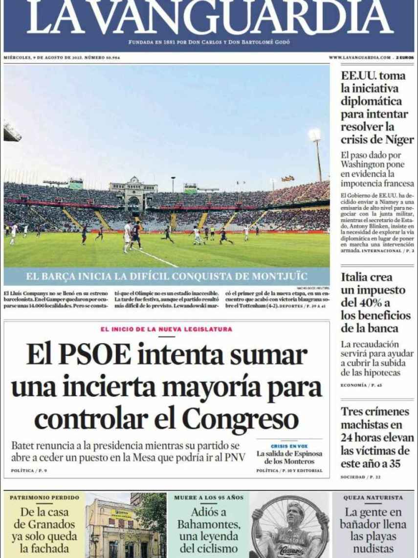 Portada de 'La Vanguardia' de 9 de agosto de 2023