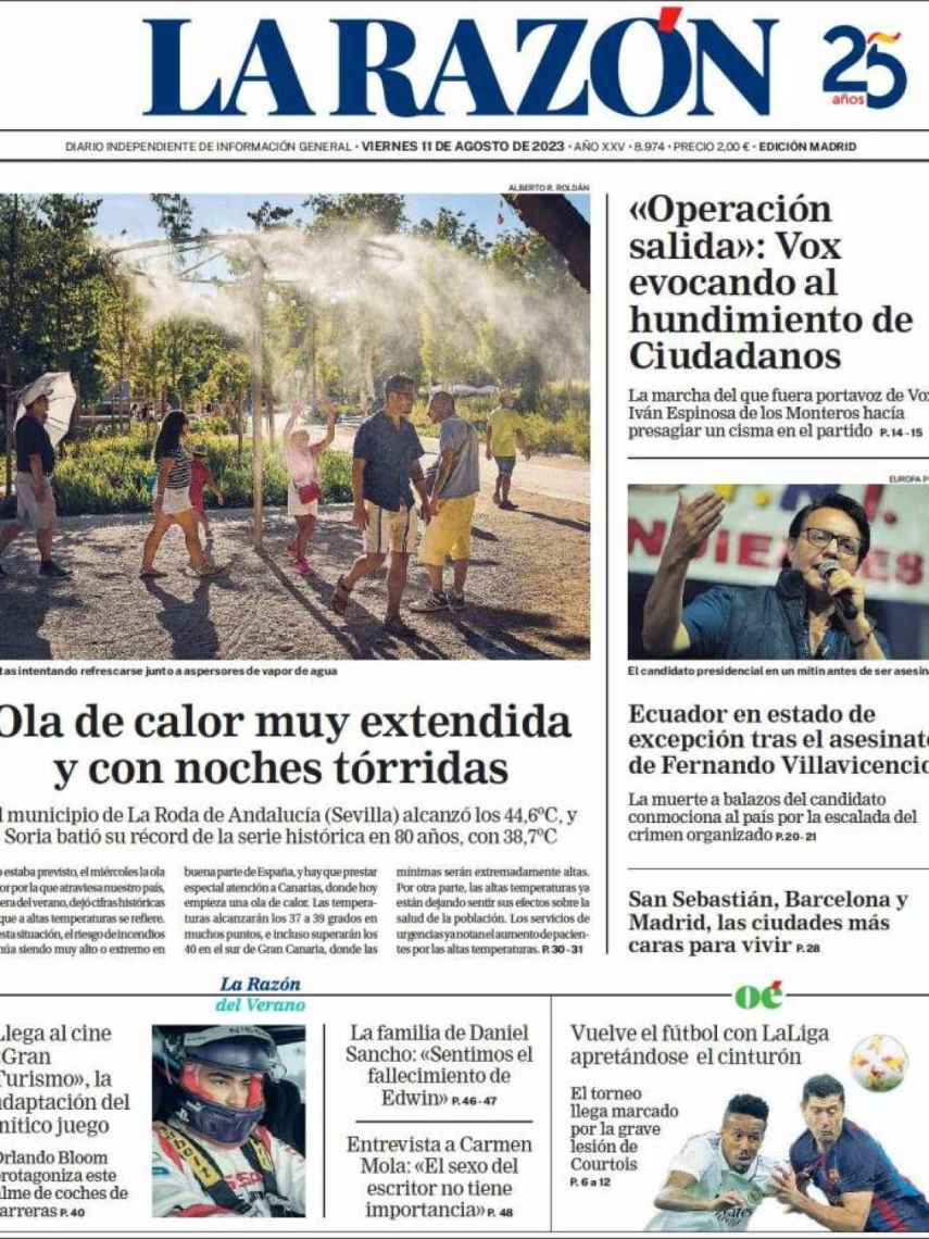 Portada de 'La Razón' de 11 de agosto de 2023