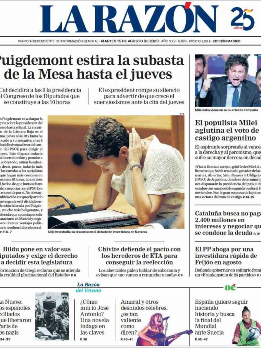 Portada de 'La Razón' del 15 de agosto de 2023