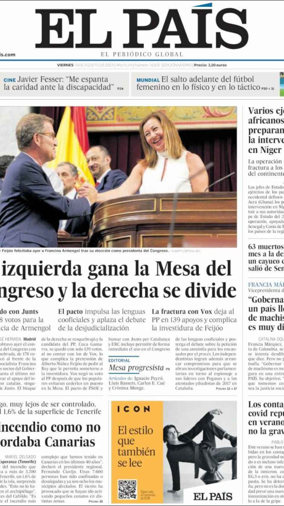 Portada de 'El País' del 18 de agosto de 2023