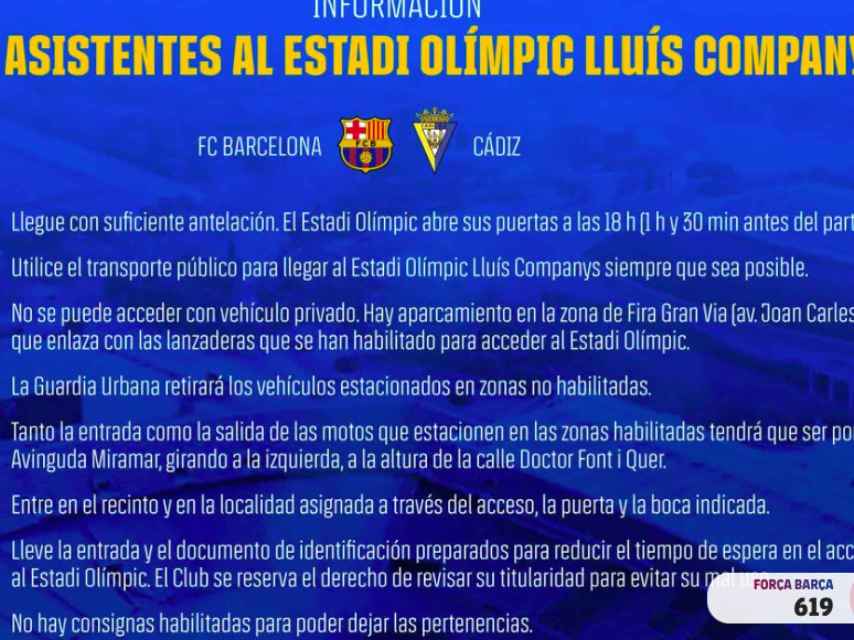 Recomendaciones del Barça para los accesos a Montjuïc