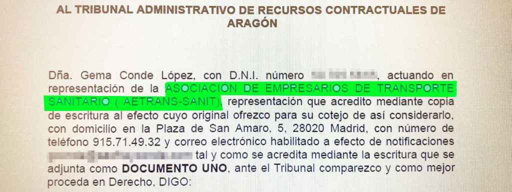 El recurso de Aetrans Sanit en Aragón presentado a instancia de Tenorio